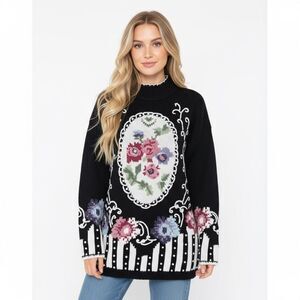 Vintage SGCS by Sacha Floral Sweater L Pearl Applique Grannycore Retro Black